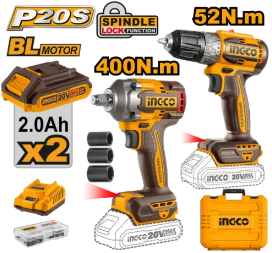 20V 2Batt+Char+Box 10mm كومبو فرد شد عزق400 ن+ مقدح بطارية