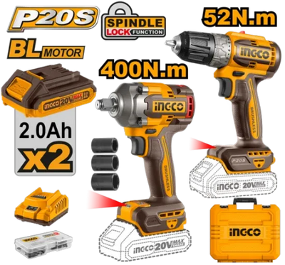 20V 2Batt+Char+Box 10mm كومبو فرد شد عزق400 ن+ مقدح بطارية