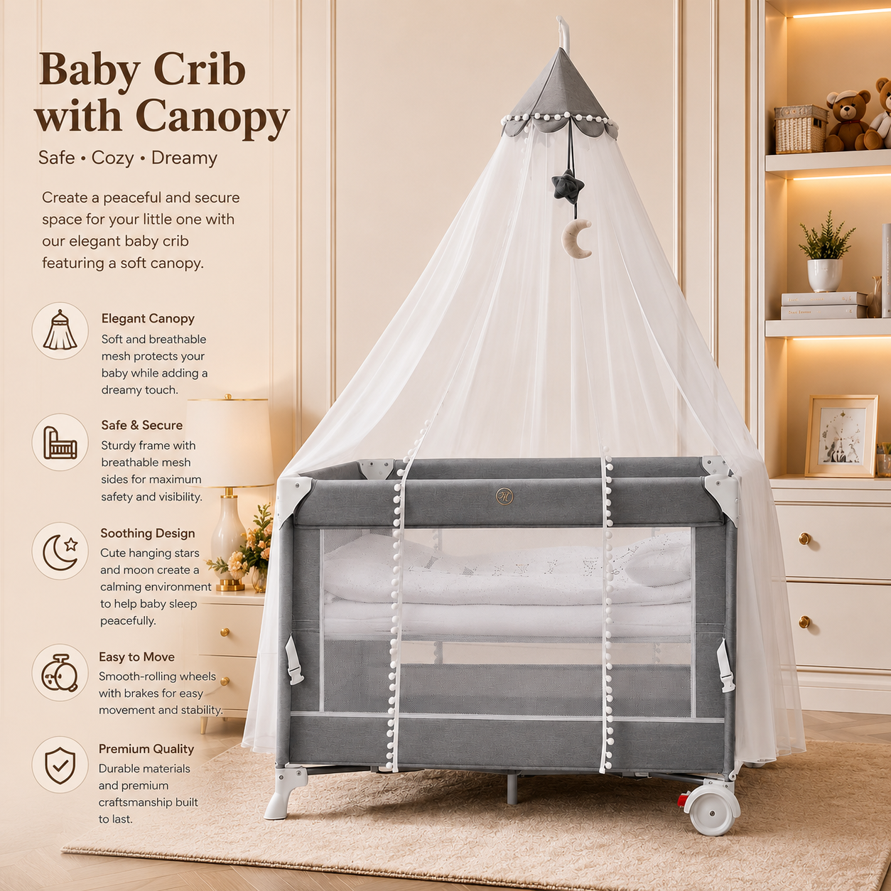 Baby Crib with Canopy & Mosquito Net