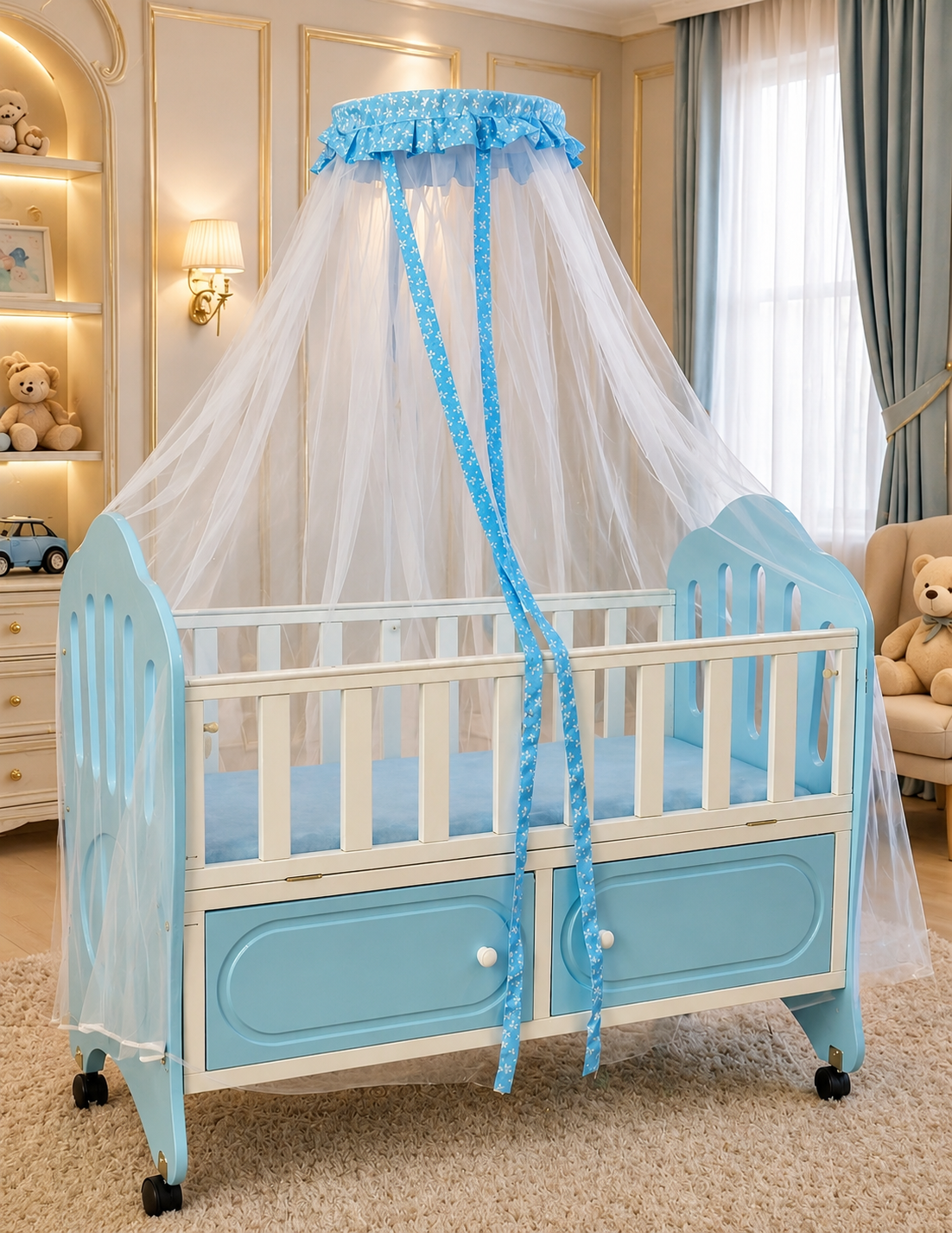 Baby Crib with Mosquito Net & Storage Drawers