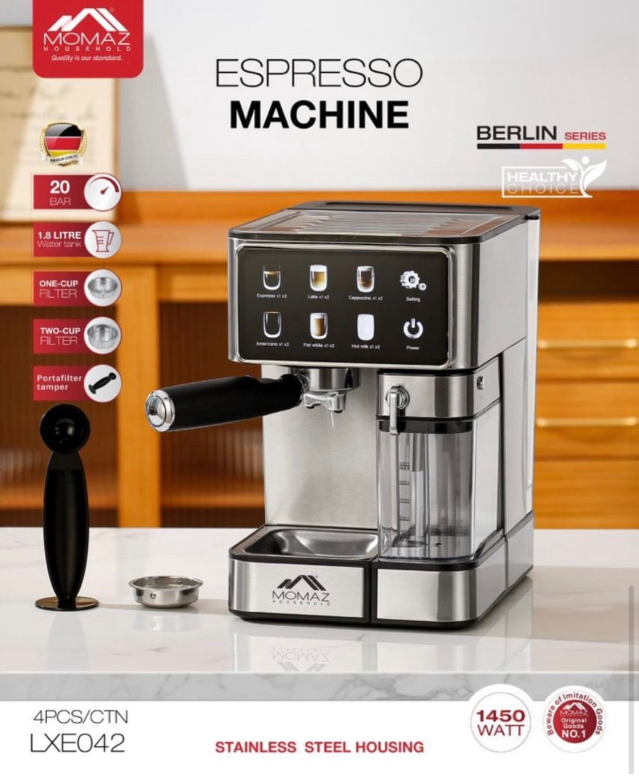 MOMAZ Berlin Series Espresso Machine – 1450W Stainless Steel Coffee Maker