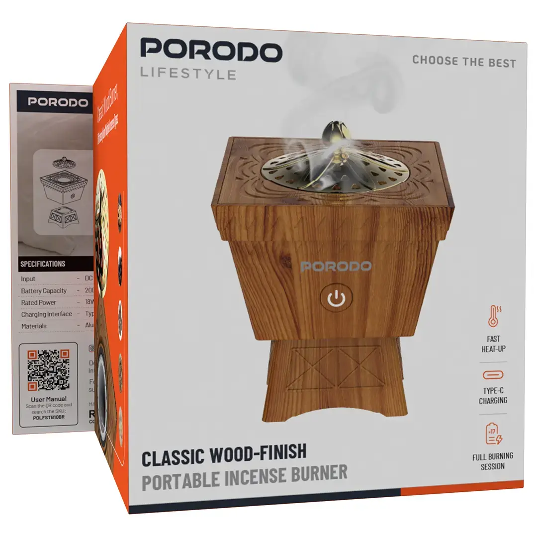 Porodo Lifestyle Classic Wood-Finish Portable Incense Burner